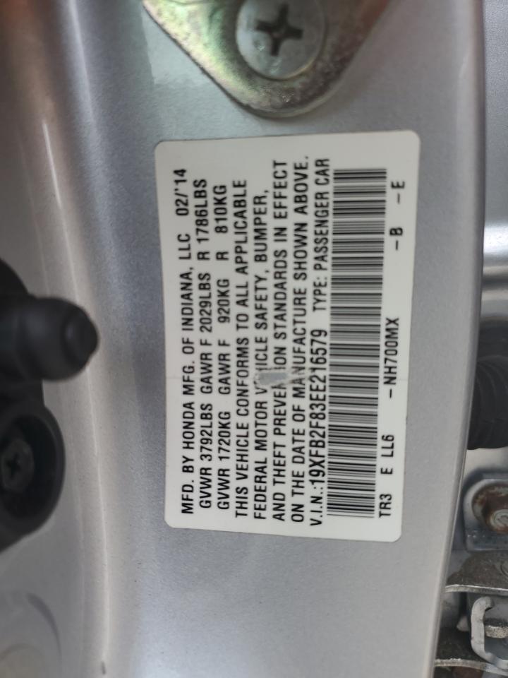 2014 Honda Civic VIN 19XFB2F83EE216579 Copart auction photo, front end / side damage thumbnail 12