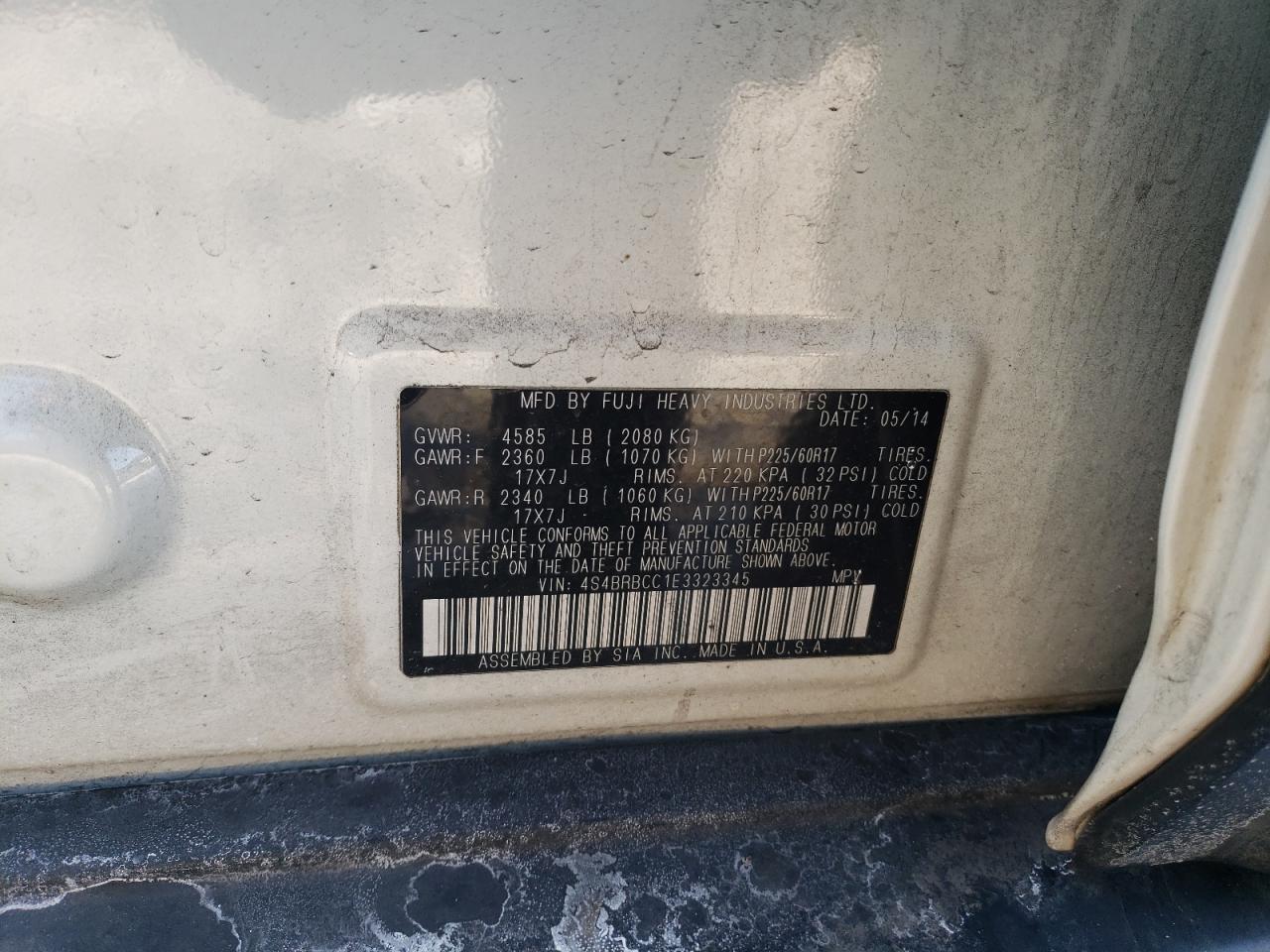 2014 Subaru Outback VIN 4S4BRBCC1E3323345 Copart auction photo, front end / minor dent/scratches damage thumbnail 13