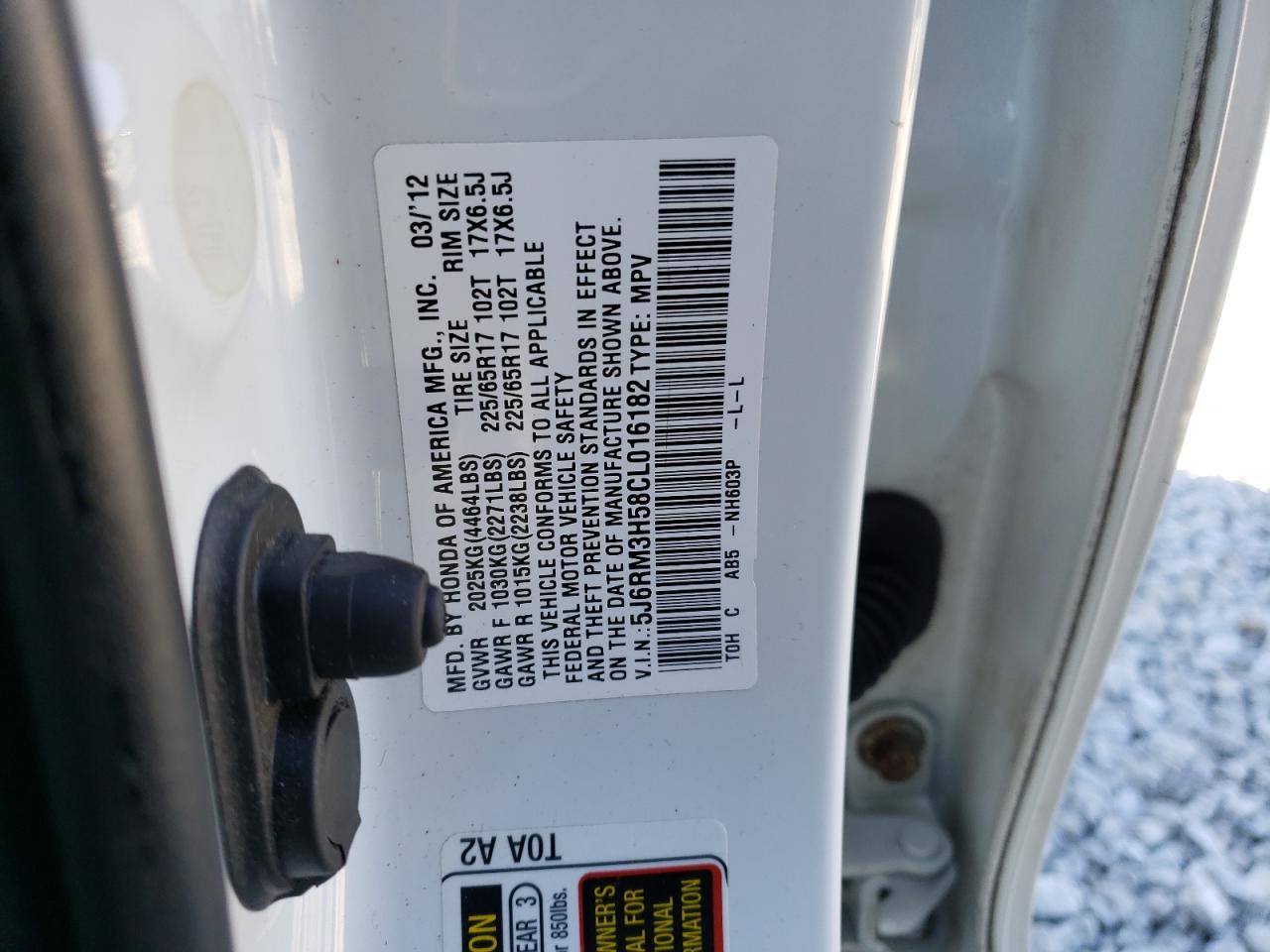 2012 Honda CR-V VIN 5J6RM3H58CL016182 Copart auction photo, all over / undercarriage damage thumbnail 13