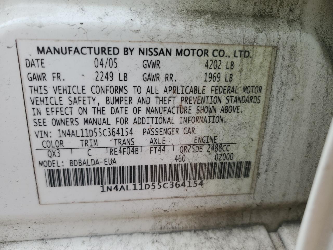 2005 Nissan Altima VIN 1N4AL11D55C364154 Copart auction photo, top/roof damage thumbnail 14