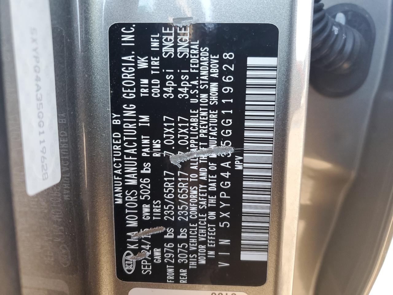 2016 KIA Sorento VIN 5XYPG4A35GG119628 Copart auction photo, minor dent/scratches damage thumbnail 13
