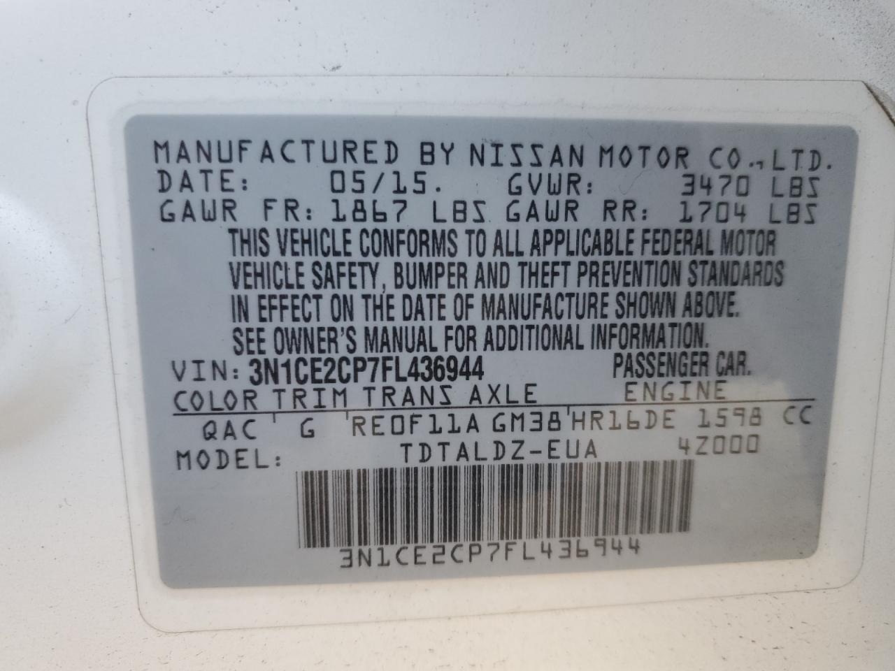 2015 Nissan Versa VIN 3N1CE2CP7FL436944 Copart auction photo, rear end damage thumbnail 14