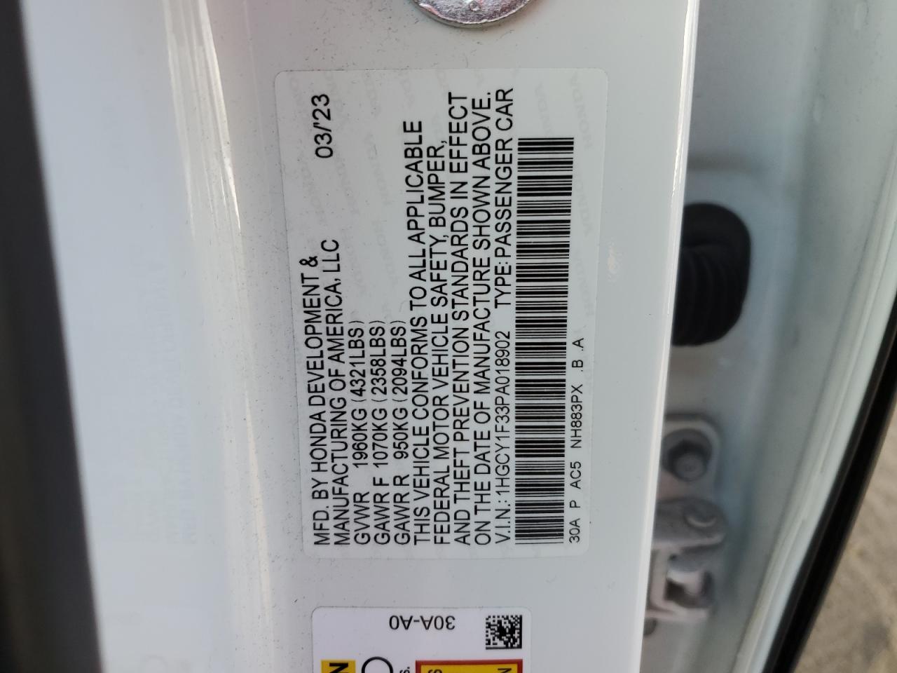 2023 Honda Accord VIN 1HGCY1F33PA018902 Copart auction photo, front end / minor dent/scratches damage thumbnail 12
