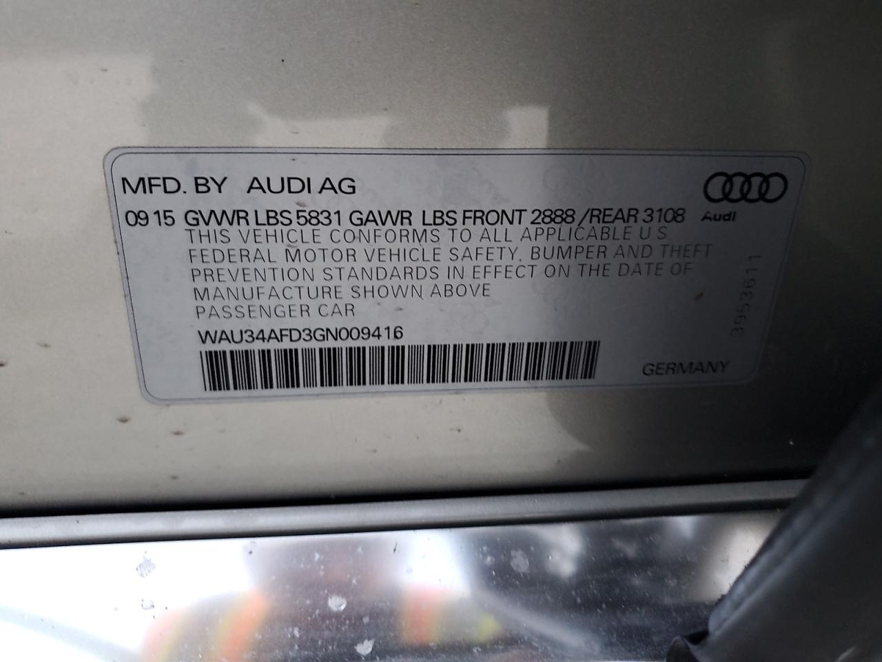 2016 Audi A8 VIN WAU34AFD3GN009416 Copart auction photo, water/flood damage thumbnail 13