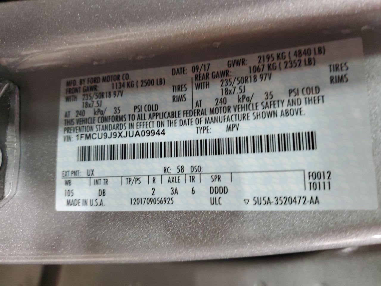 2018 Ford Escape VIN 1FMCU9J9XJUA09944 Copart auction photo, front end damage thumbnail 14