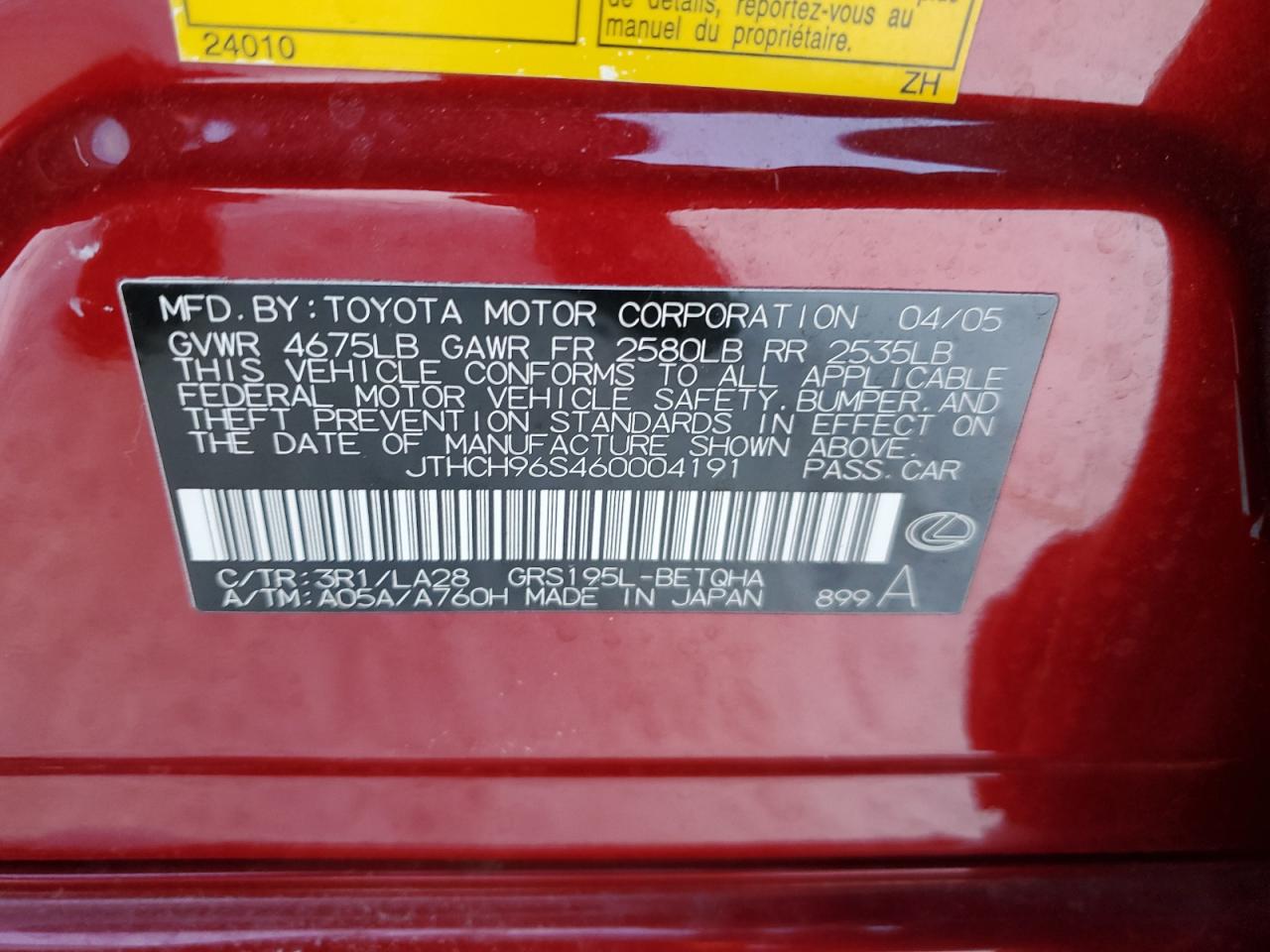 2006 Lexus GS 300 VIN JTHCH96S460004191 Copart auction photo, all over damage thumbnail 14