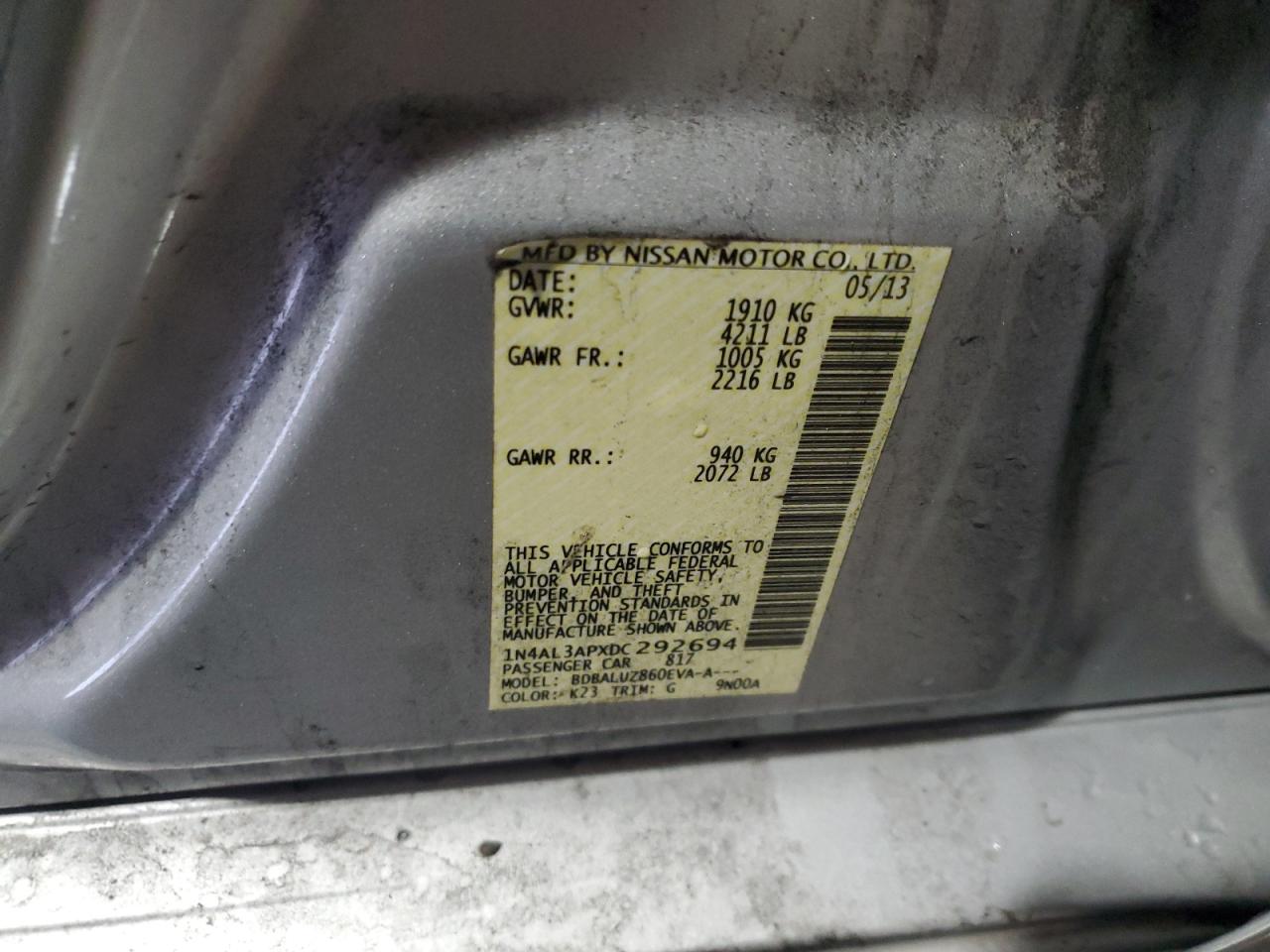 2013 Nissan Altima VIN 1N4AL3APXDC292694 Copart auction photo, rear end damage thumbnail 12