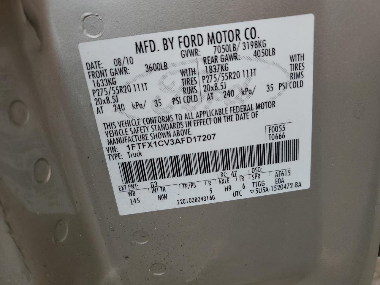 2010 Ford F-150 VIN 1FTFX1CV3AFD17207 Copart auction photo, side / minor dent/scratches damage thumbnail 12