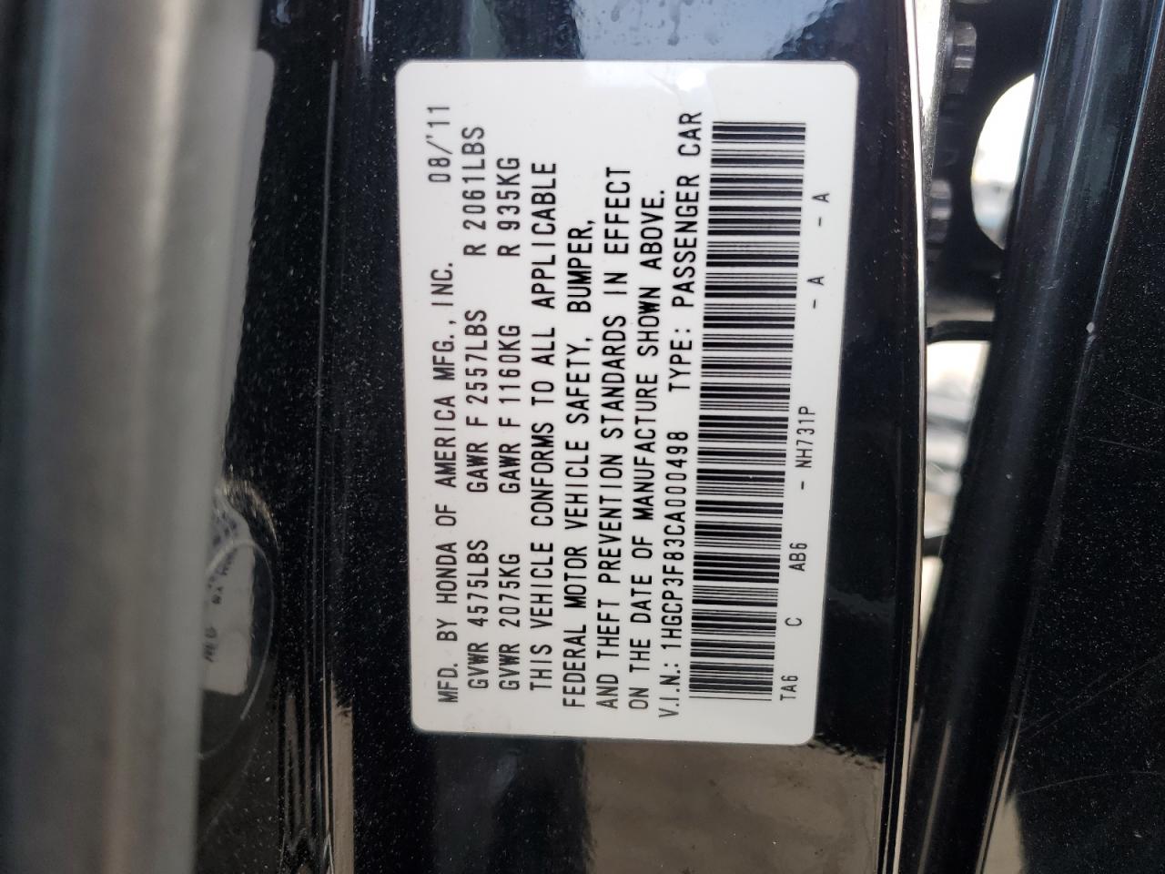 2012 Honda Accord VIN 1HGCP3F83CA000498 Copart auction photo, front end / side damage thumbnail 12