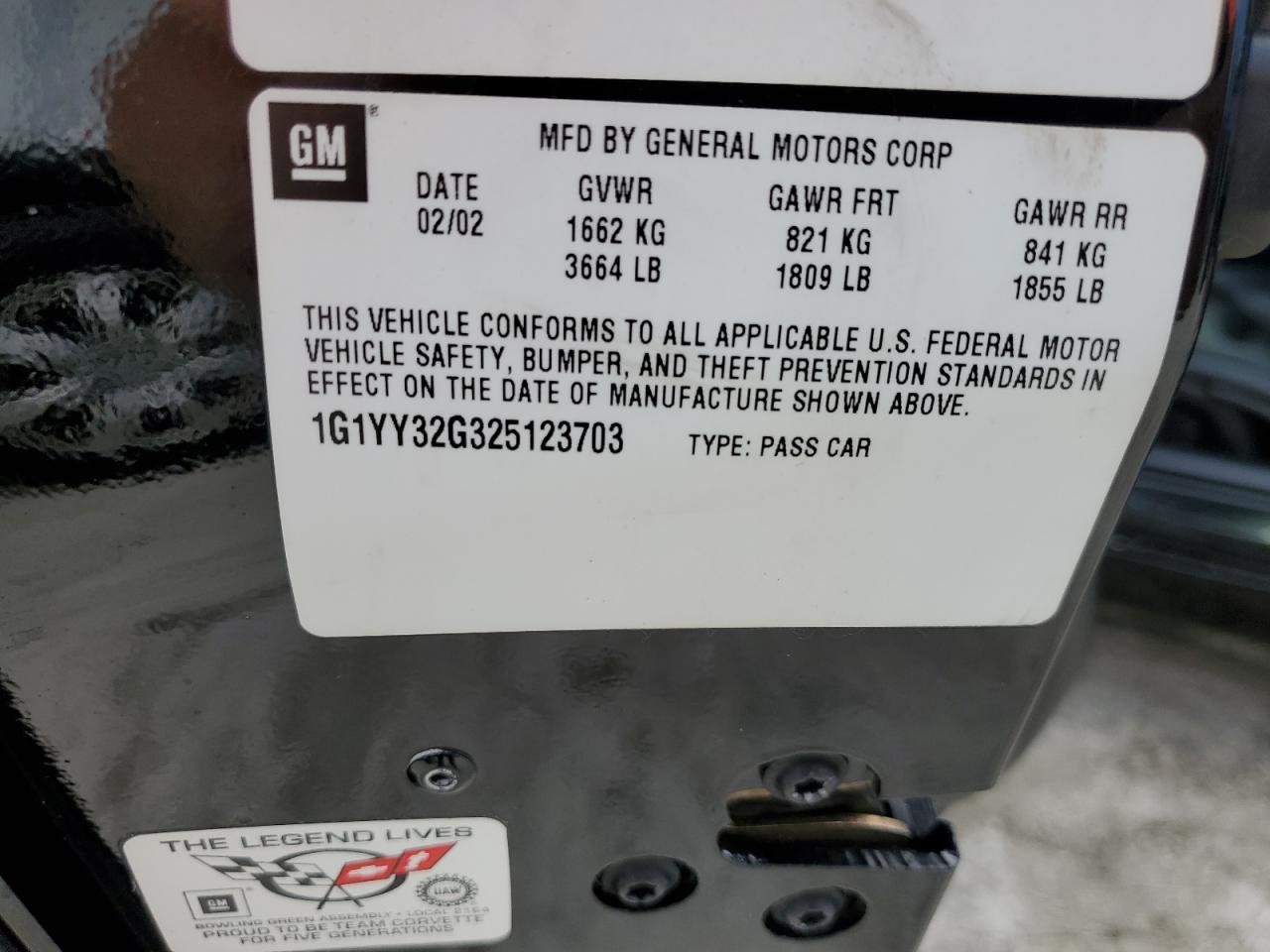 2002 Chevrolet Corvette VIN 1G1YY32G325123703 Copart auction photo, water/flood / minor dent/scratches damage thumbnail 13