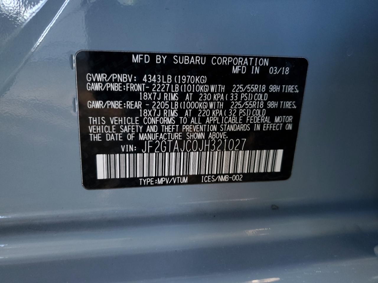 2018 Subaru XV VIN JF2GTAJC0JH321027 Copart auction photo, hail / minor dent/scratches damage thumbnail 13