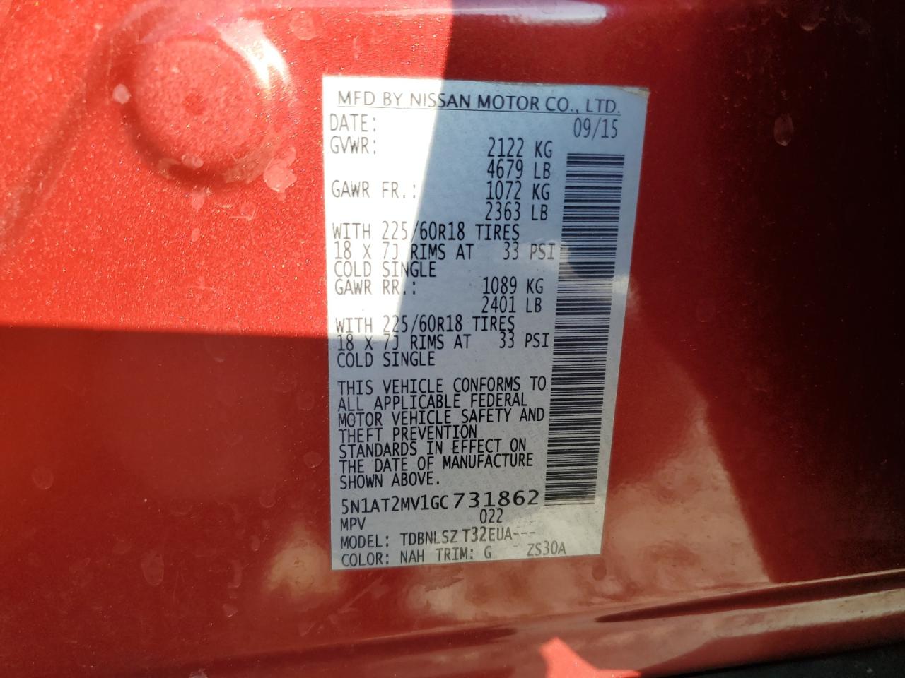 2016 Nissan Rogue VIN 5N1AT2MV1GC731862 Copart auction photo, front end / side damage thumbnail 14