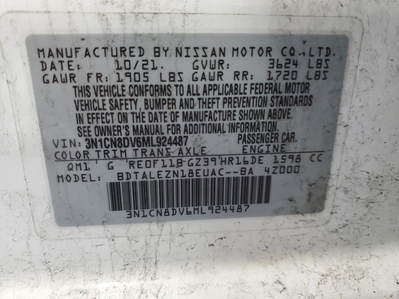 2021 Nissan Versa VIN 3N1CN8DV6ML924487 Copart auction photo, front end / minor dent/scratches damage thumbnail 13