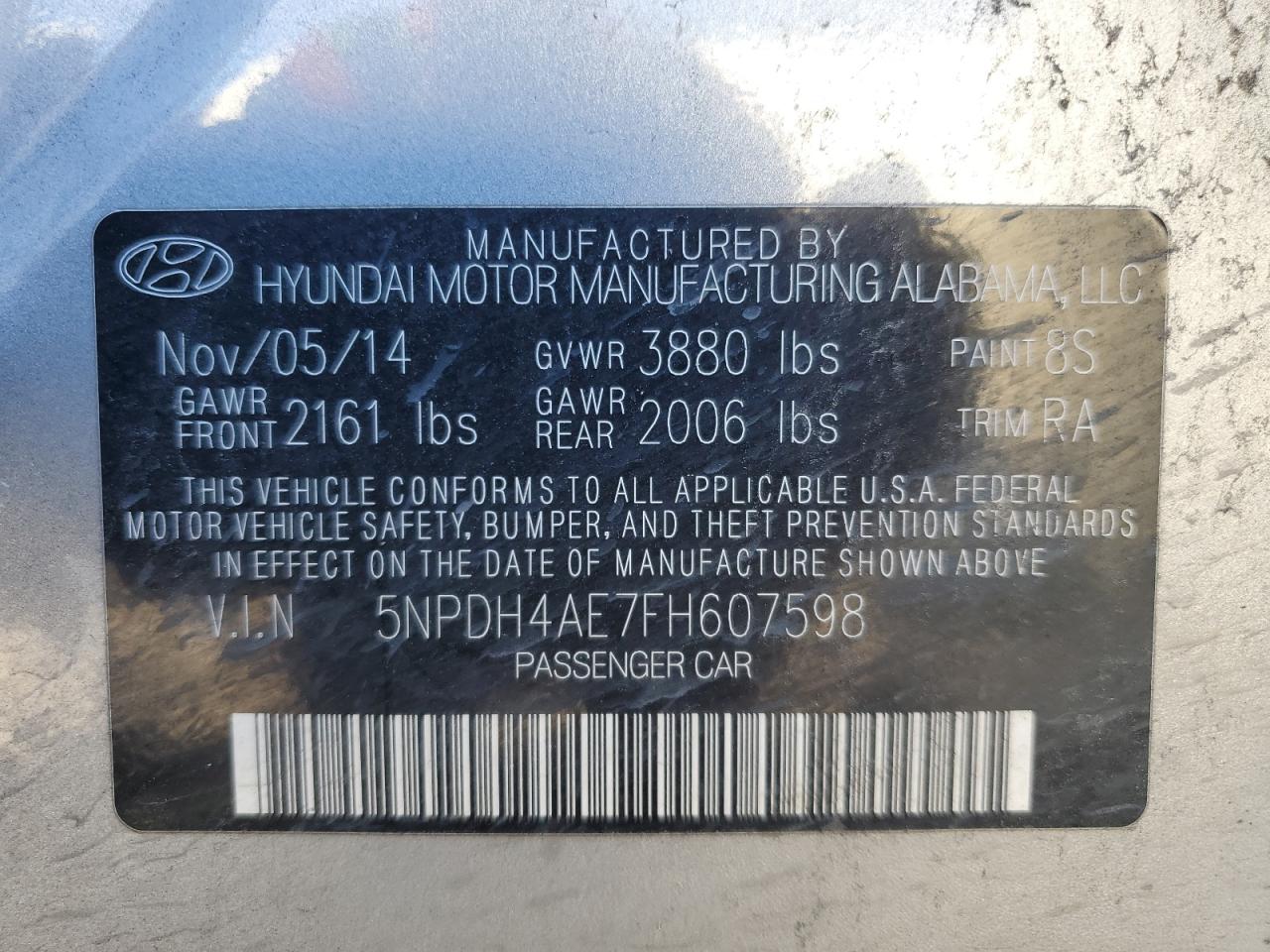 2015 Hyundai Elantra VIN 5NPDH4AE7FH607598 Copart auction photo, normal wear / minor dent/scratches damage thumbnail 12