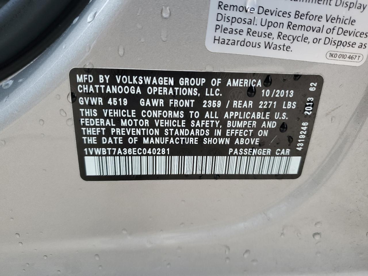 2014 Volkswagen Passat VIN 1VWBT7A36EC040281 Copart auction photo, front end damage thumbnail 12