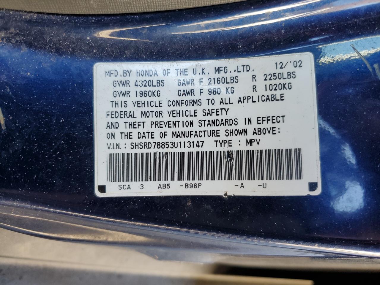 2003 Honda CR-V VIN SHSRD78853U113147 Copart auction photo, front end damage thumbnail 14