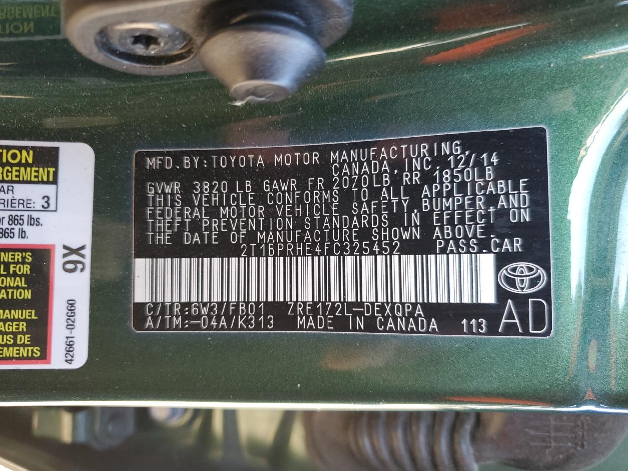 2015 Toyota Corolla VIN 2T1BPRHE4FC325452 Copart auction photo, rear end / front end damage thumbnail 12