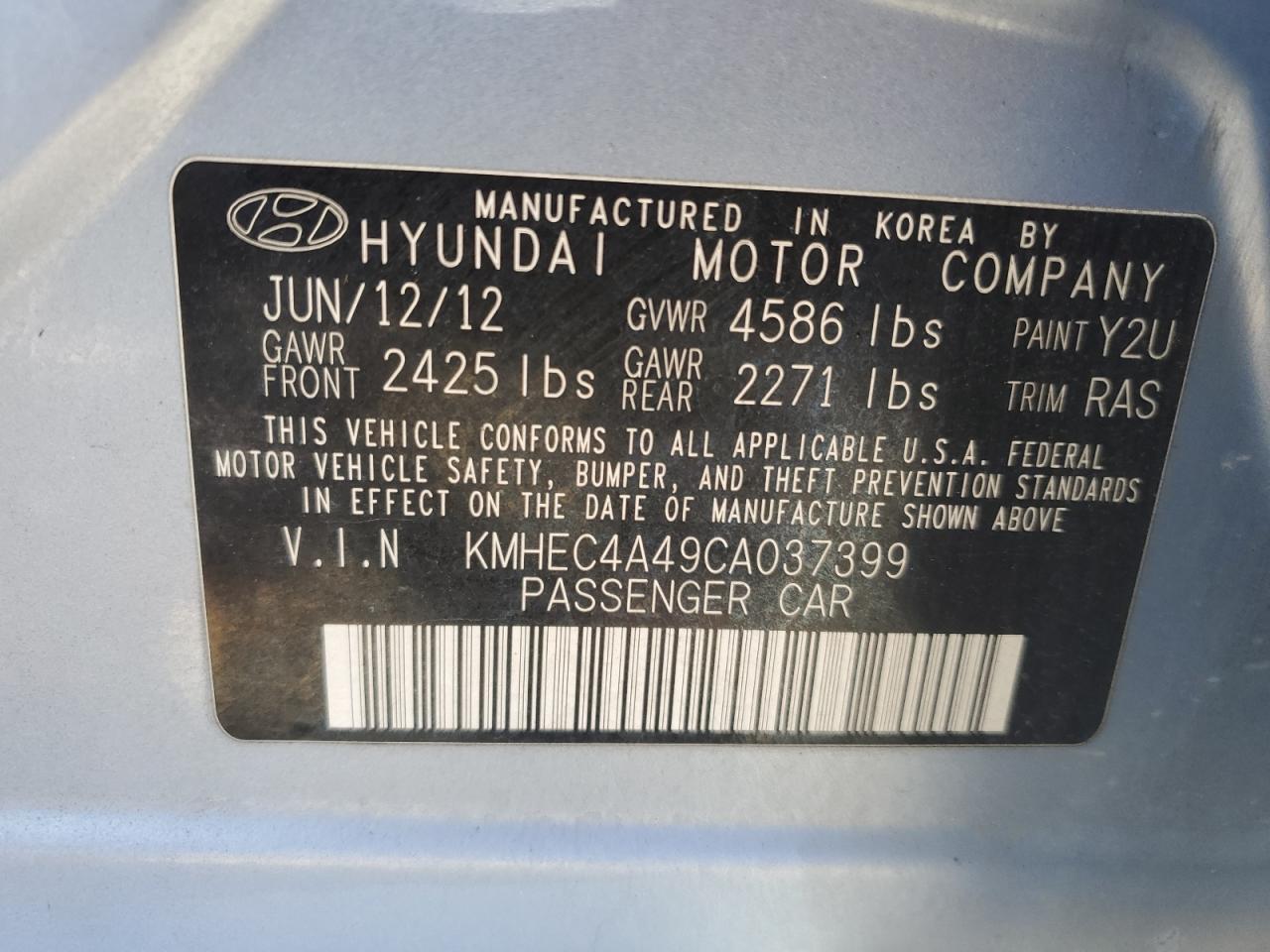 2012 Hyundai Sonata VIN KMHEC4A49CA037399 Copart auction photo, front end damage thumbnail 12