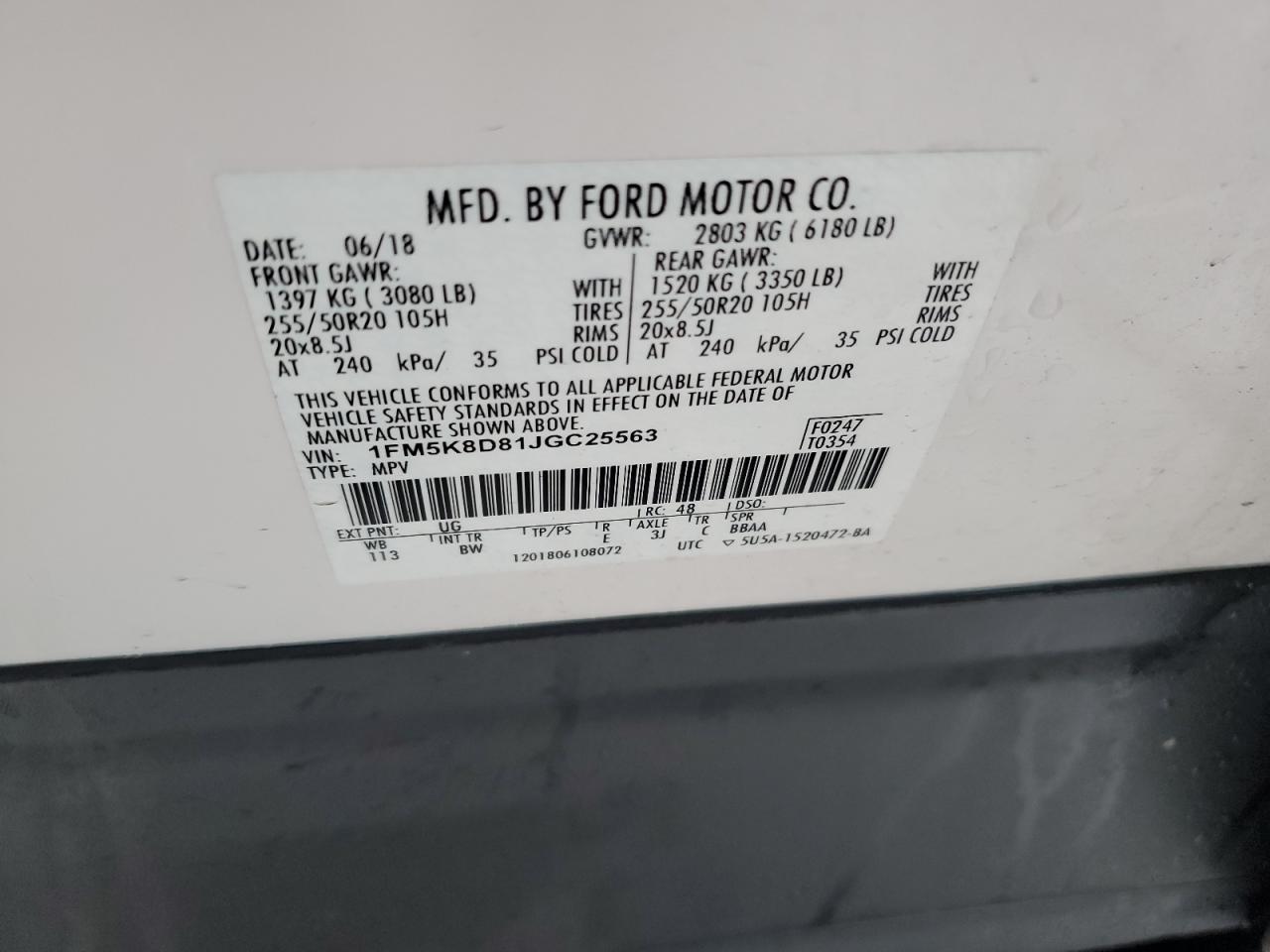 2018 Ford Explorer VIN 1FM5K8D81JGC25563 Copart auction photo, rear end / side damage thumbnail 15