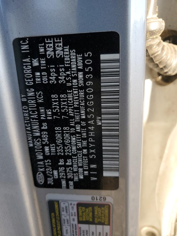 2016 KIA Sorento VIN 5XYPH4A52GG093505 Copart auction photo, side damage thumbnail 15