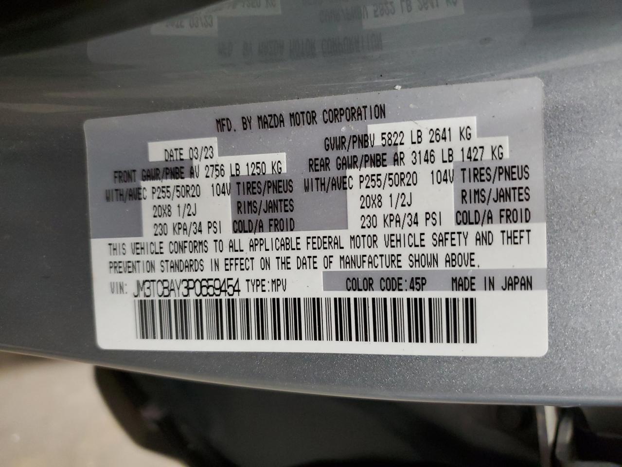 2023 Mazda CX-9 VIN JM3TCBAY3P0659454 Copart auction photo, front end damage thumbnail 14