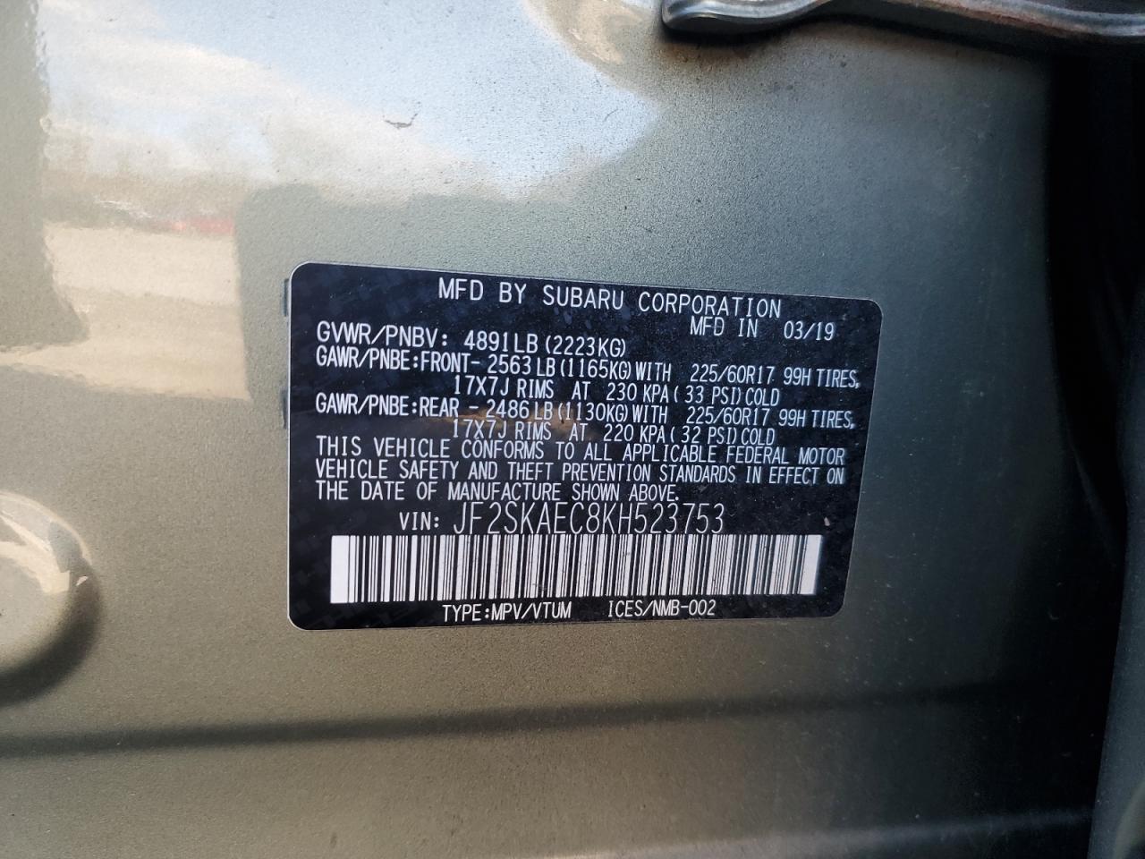 2019 Subaru Forester VIN JF2SKAEC8KH523753 Copart auction photo, front end damage thumbnail 15