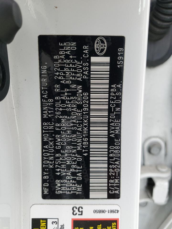 2019 Toyota Camry VIN 4T1B61HKXKU190206 Copart auction photo, all over damage thumbnail 13