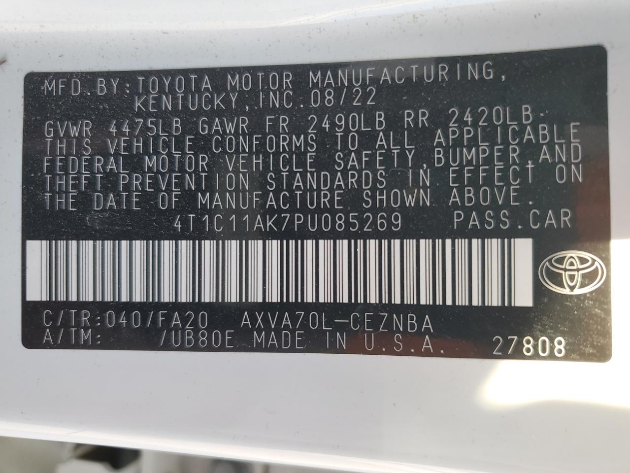 2023 Toyota Camry VIN 4T1C11AK7PU085269 Copart auction photo, front end / side damage thumbnail 13