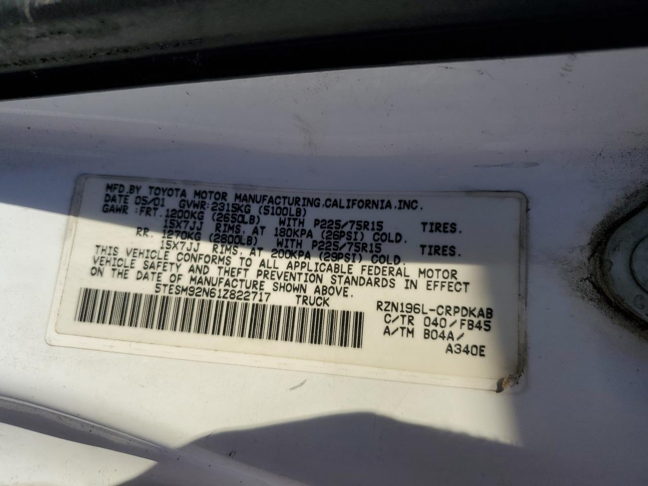 2001 Toyota Tacoma VIN 5TESM92N61Z822717 Copart auction photo, all over damage thumbnail 12