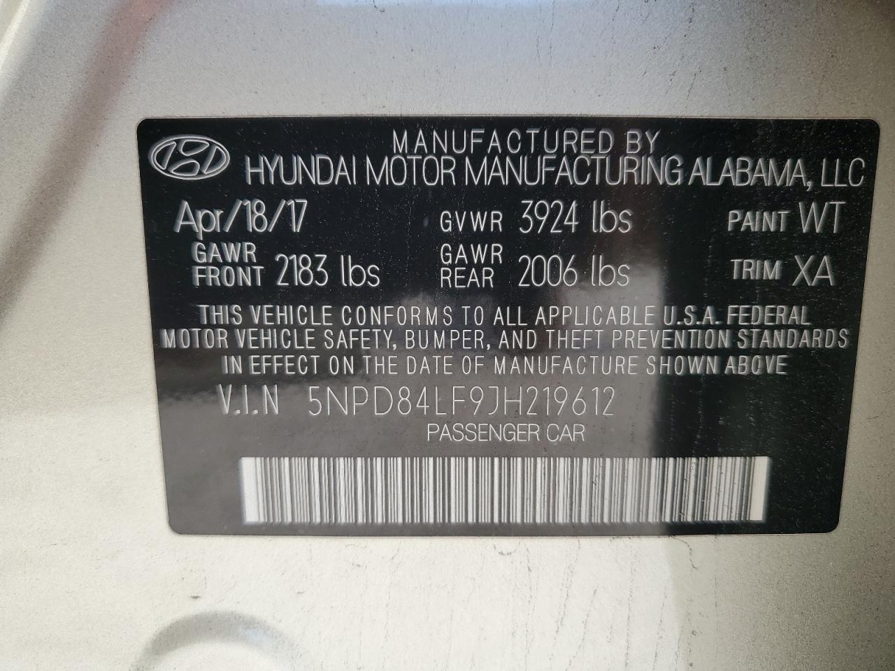 2018 Hyundai Elantra VIN 5NPD84LF9JH219612 Copart auction photo, front end / hail damage thumbnail 12