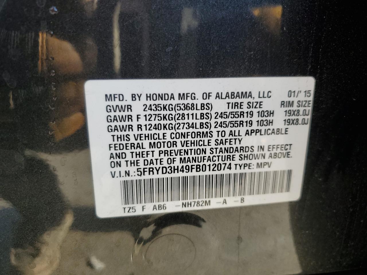 2015 Acura MDX VIN 5FRYD3H49FB012074 Copart auction photo, all over damage thumbnail 16