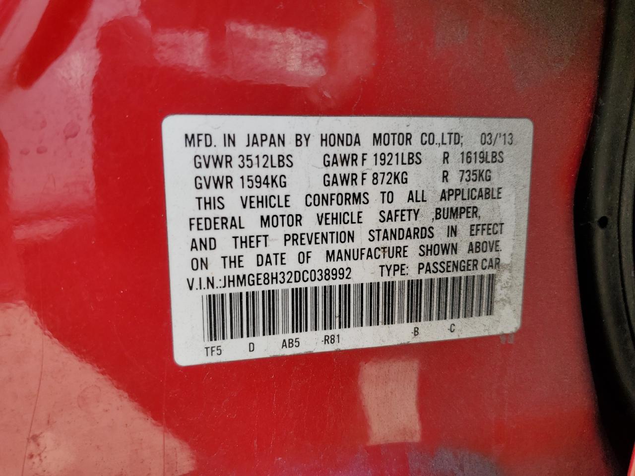 2013 Honda Fit VIN JHMGE8H32DC038992 Copart auction photo, mechanical / minor dent/scratches damage thumbnail 12