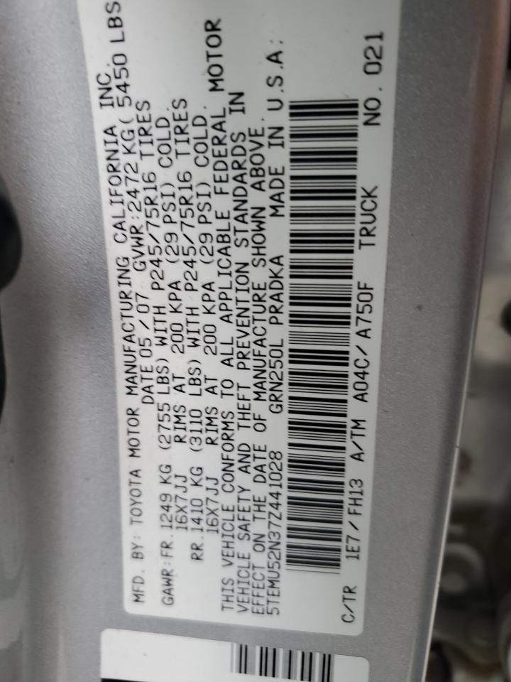 2007 Toyota Tacoma VIN 5TEMU52N37Z441028 Copart auction photo, front end damage thumbnail 12