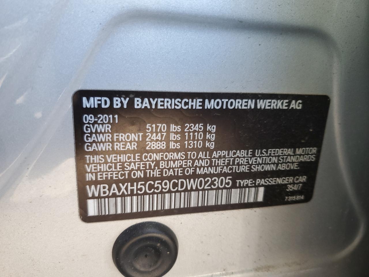 2012 BMW 5er VIN WBAXH5C59CDW02305 Copart auction photo, minor dent/scratches damage thumbnail 12