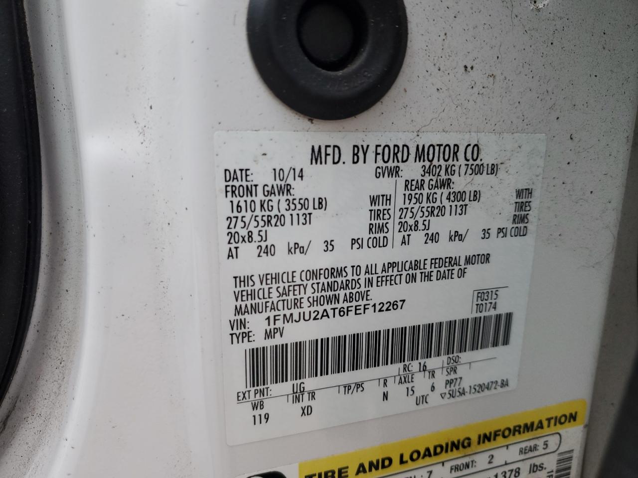 2015 Ford Expedition VIN 1FMJU2AT6FEF12267 Copart auction photo, front end damage thumbnail 13
