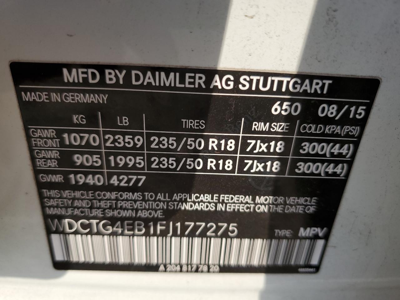 2015 Mercedes-Benz GLA-klasse VIN WDCTG4EB1FJ177275 Copart auction photo, hail / front end damage thumbnail 13