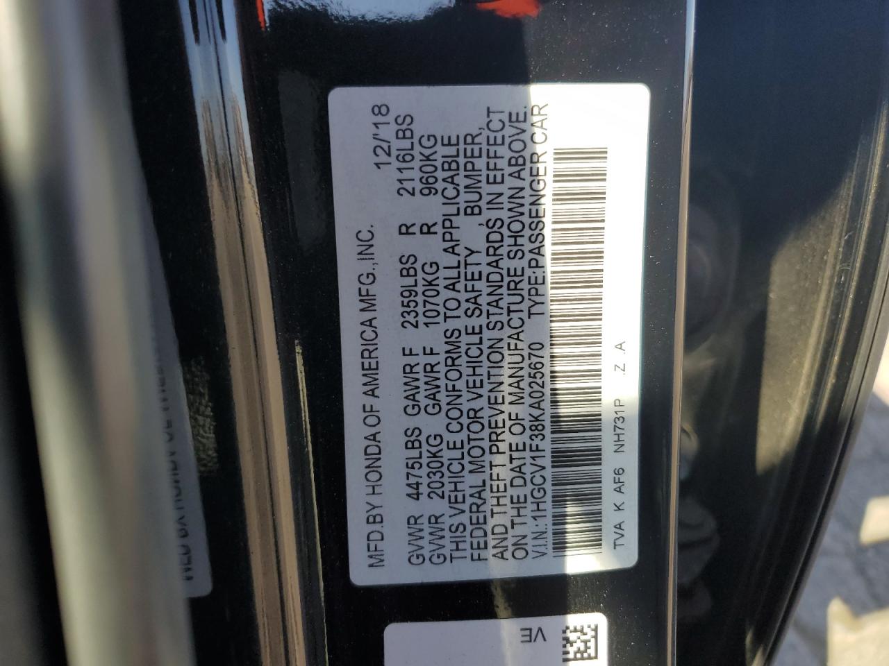 2019 Honda Accord VIN 1HGCV1F38KA025670 Copart auction photo, vandalism damage thumbnail 13