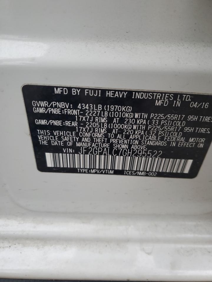 2016 Subaru XV VIN JF2GPALC7GH295522 Copart auction photo, front end / rear end damage thumbnail 13
