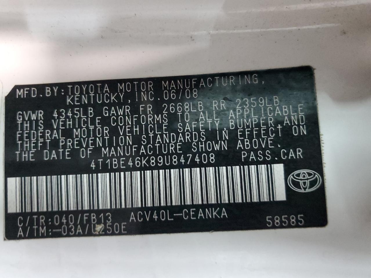 2009 Toyota Camry VIN 4T1BE46K89U847408 Copart auction photo, rear end / front end damage thumbnail 13