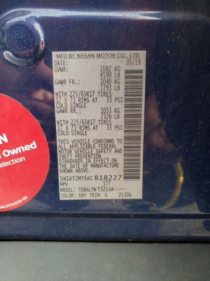 2019 Nissan Rogue VIN 5N1AT2MT6KC818227 Copart auction photo, rear end damage thumbnail 14