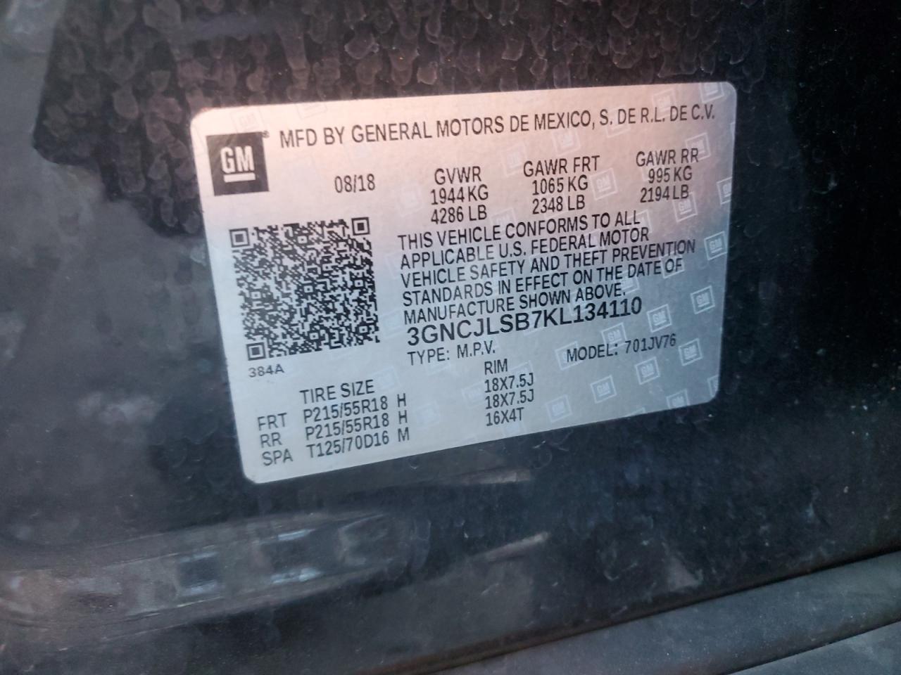 2019 Chevrolet Trax VIN 3GNCJLSB7KL134110 Copart auction photo, front end / minor dent/scratches damage thumbnail 13