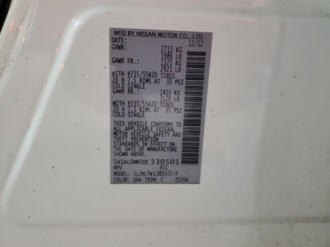 2013 Infiniti JX VIN 5N1AL0MM3DC330501 Copart auction photo, front end / side damage thumbnail 15