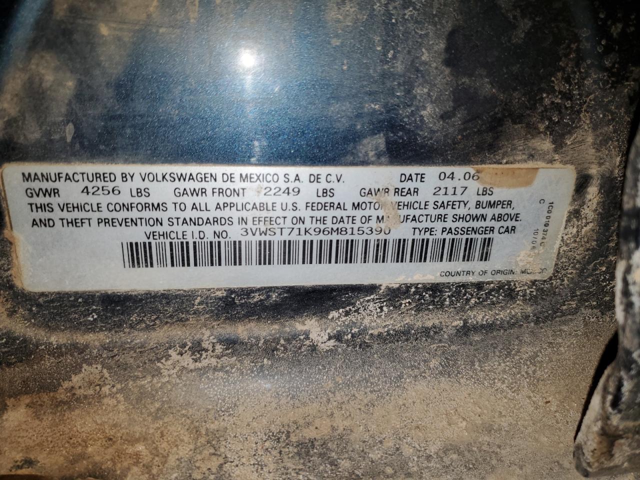 2006 Volkswagen Jetta VIN 3VWST71K96M815390 Copart auction photo, all over damage thumbnail 12