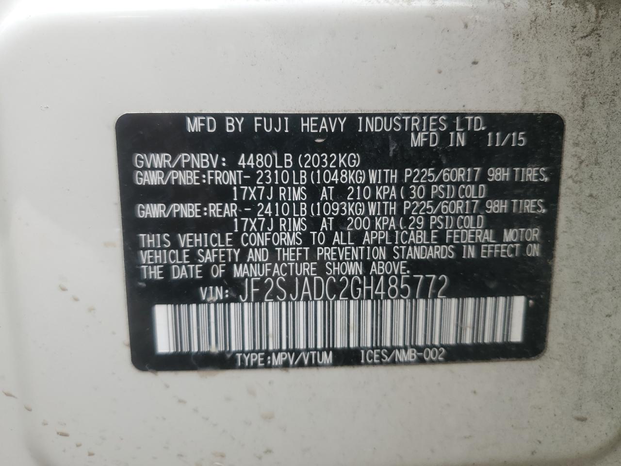 2016 Subaru Forester VIN JF2SJADC2GH485772 Copart auction photo, front end damage thumbnail 15