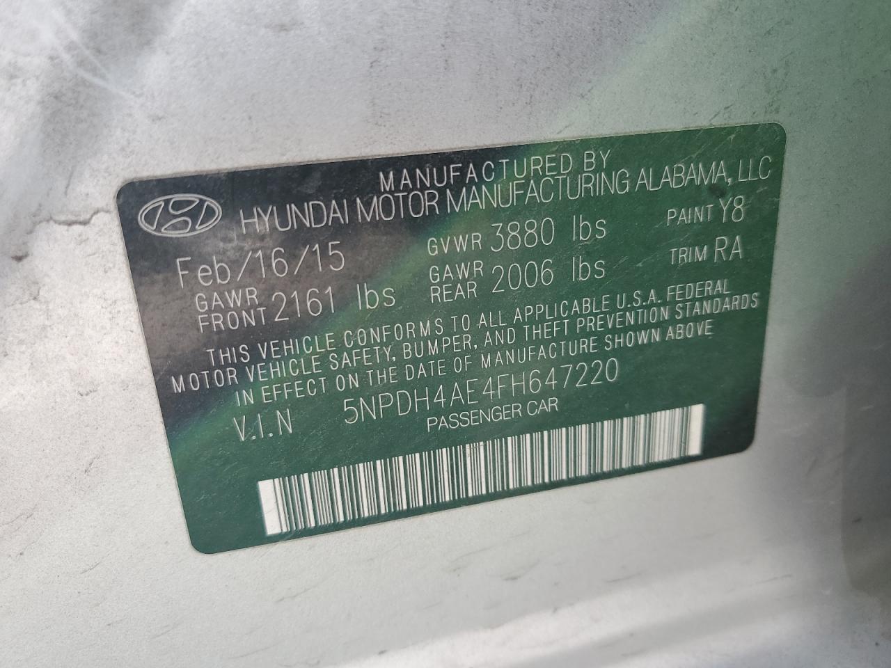 2015 Hyundai Elantra VIN 5NPDH4AE4FH647220 Copart auction photo, front end damage thumbnail 12