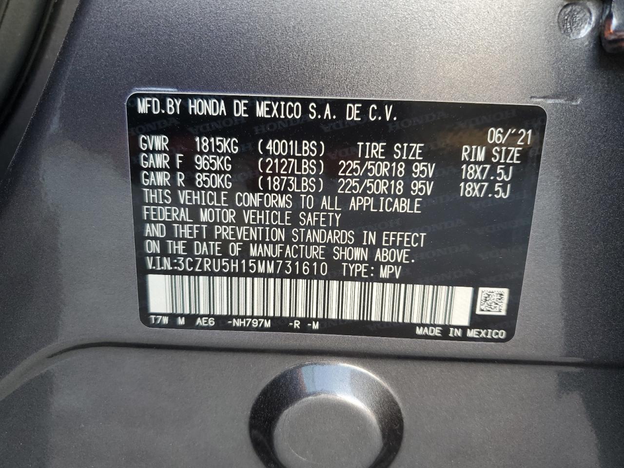 2021 Honda HR-V VIN 3CZRU5H15MM731610 Copart auction photo, front end / rear end damage thumbnail 14