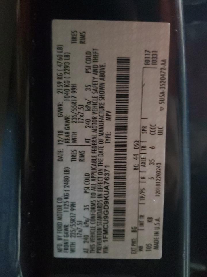2019 Ford Escape VIN 1FMCU9GD9KUA76371 Copart auction photo, all over damage thumbnail 15