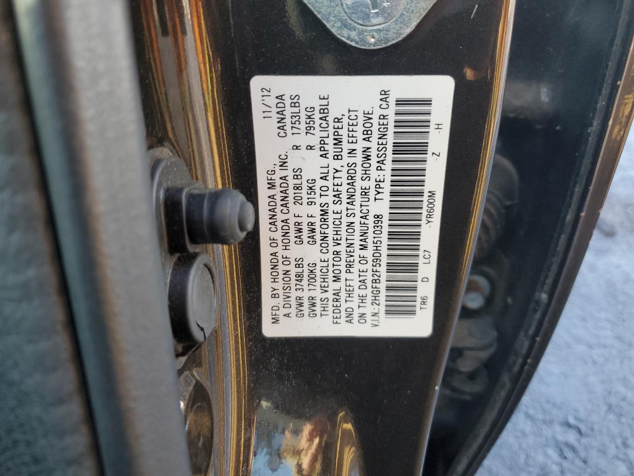 2013 Honda Civic VIN 2HGFB2F59DH510398 Copart auction photo, front end damage thumbnail 12