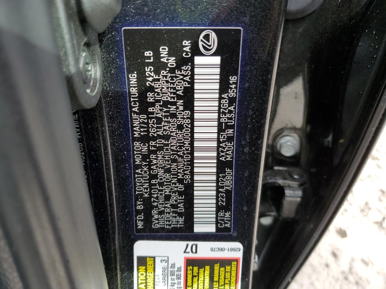 2021 Lexus ES VIN 58AD11D13MU002819 Copart auction photo, rear end / front end damage thumbnail 12