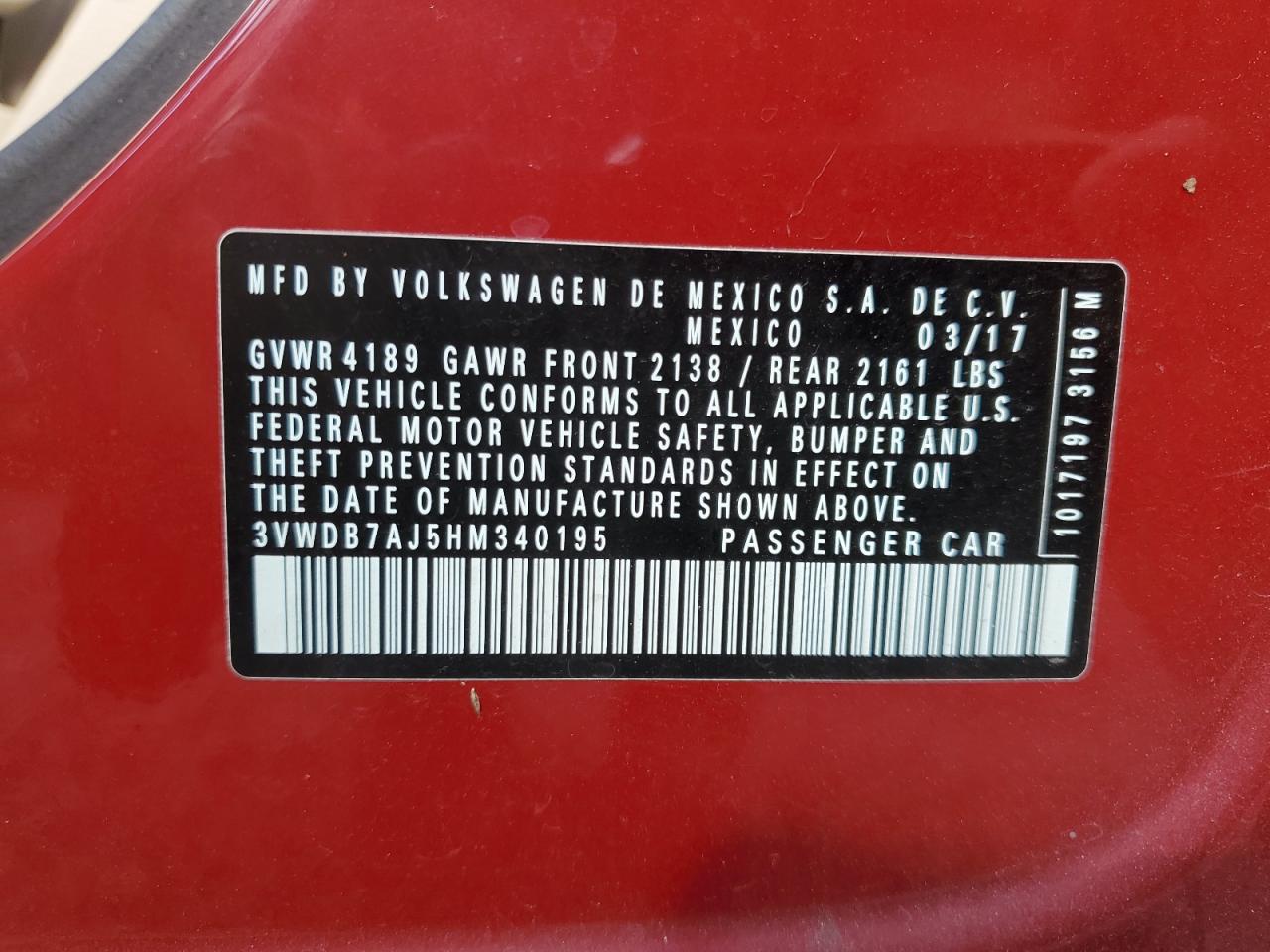 2017 Volkswagen Jetta VIN 3VWDB7AJ5HM340195 Copart auction photo, water/flood damage thumbnail 13